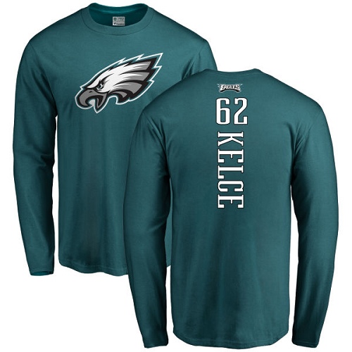 Men Philadelphia Eagles #62 Jason Kelce Green Backer Long Sleeve NFL T Shirt->philadelphia eagles->NFL Jersey